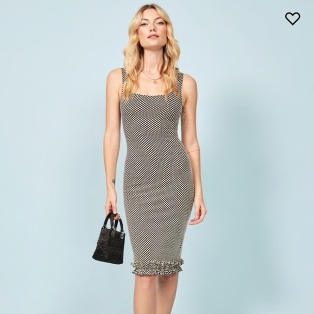 Reformation Black and White Fitted Midi Dress with Ruffle Hem